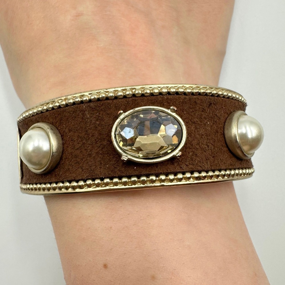 Hinged Cuff Bracelet Gold‎ Tone Brown Suede Panel Faux Pearl Crystal
